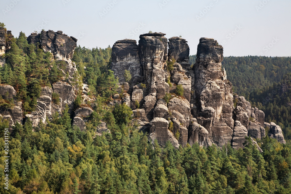 Bastei at Elbe sandstone mountains near Rathen village. Saxon Switzerland National Park. Germany