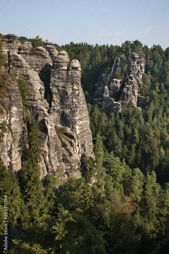Bastei at Elbe sandstone mountains near Rathen village. Saxon Switzerland National Park. Germany