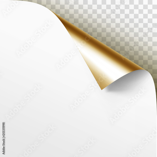 Vector Curled Golden Corner of White Paper with Shadow Mock up Close up Isolated on Transparent Background