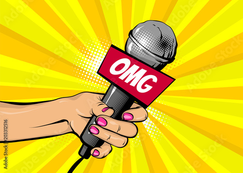 OMG news comic text speech bubble. Woman pop art style fashion. Girl hand hold microphone cartoon vector illustration. Retro poster comimc book performance. Entertainment halftone background.