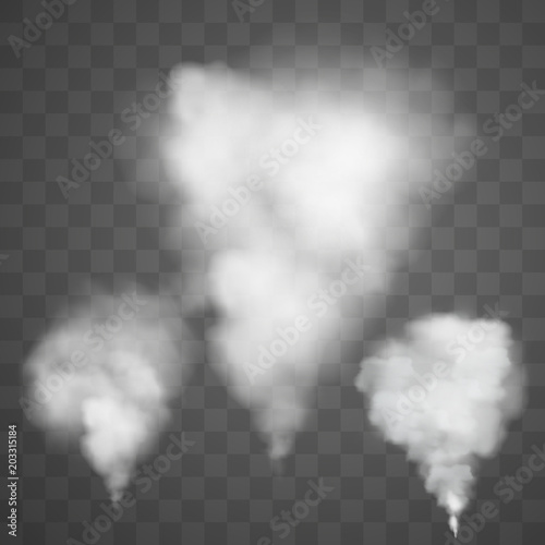 Realistic set smoke, steam on transparent background. 