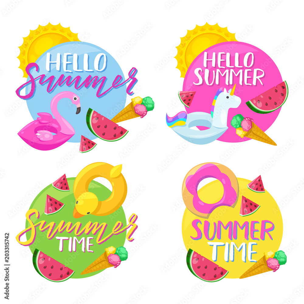 Set of circle summer stickers, badges, labels and tags. Hello summer vector illustration.