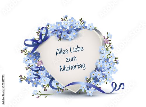 Vergissmeinnicht mit Herz,Herz mit Vergissmeinnicht Blumen zum Muttertag, 
Grußkarte mit „Alles  Liebe zum Muttertag“,
Vektor Illustration isoliert auf weißem Hintergrund