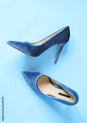 Velvet blue women high heel shoes. Velvet pumps