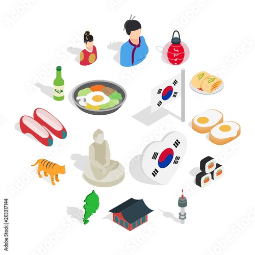 Republic Of Korea icons set in isometric 3d ctyle. South Korea set collection vector illustration