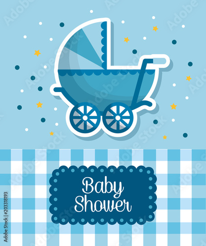baby shower celebration blue babe carriage square background born boy happy vector illustration