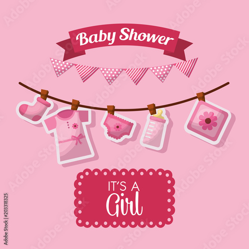 baby shower celebration pink pennants its girl born clothes bottle milk vector illustration