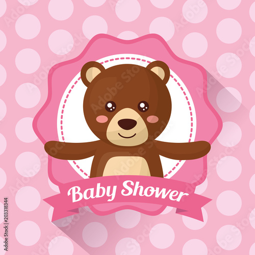 baby shower celebration stripe background sticker cute bear girl born vector illustration