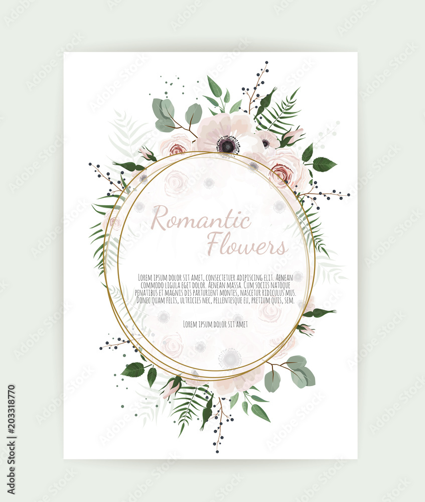 Card with leaves and geometrical frame. Floral poster.