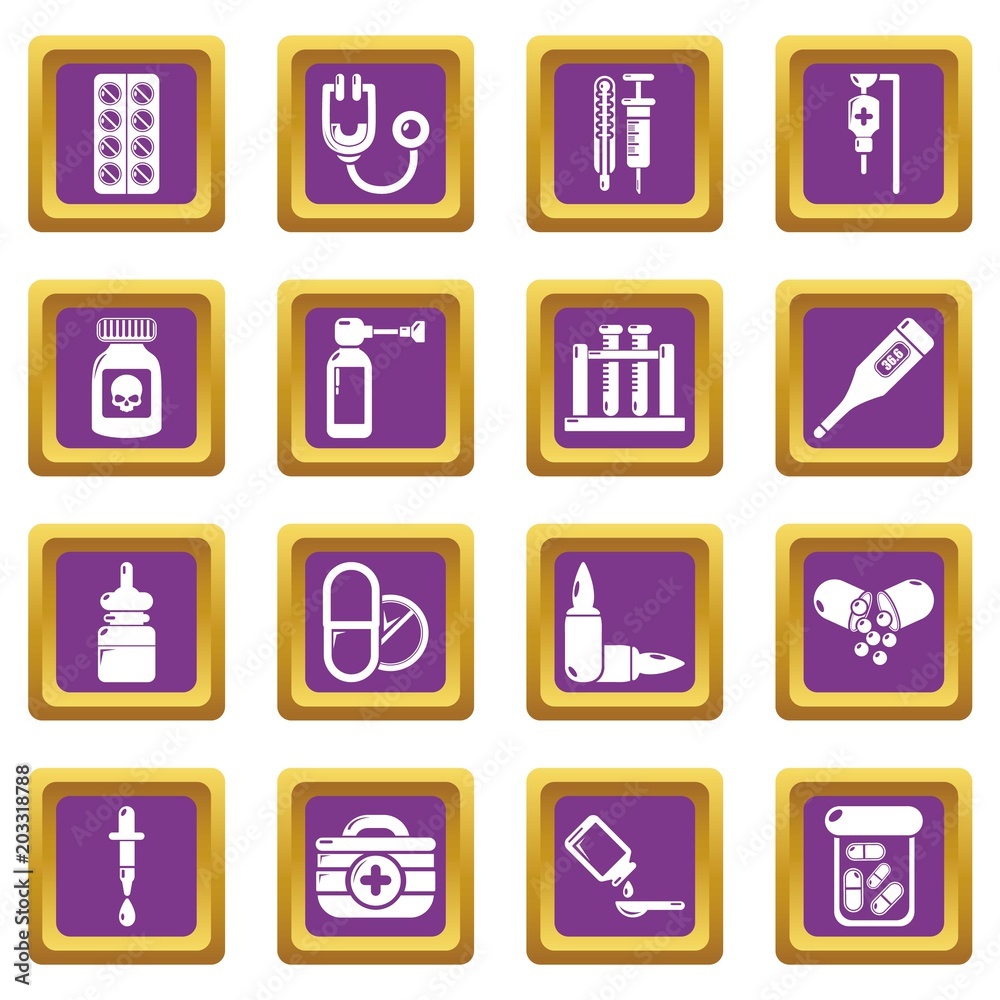 Drug medicine icons set vector purple square isolated on white background Drug medicine icons set vector purple square isolated on white background