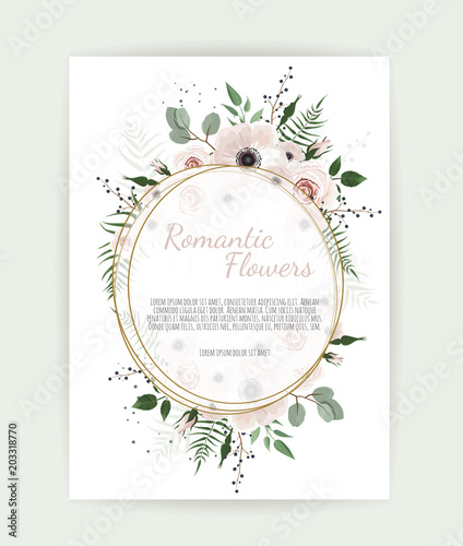 Card with leaves and geometrical frame. Floral poster.