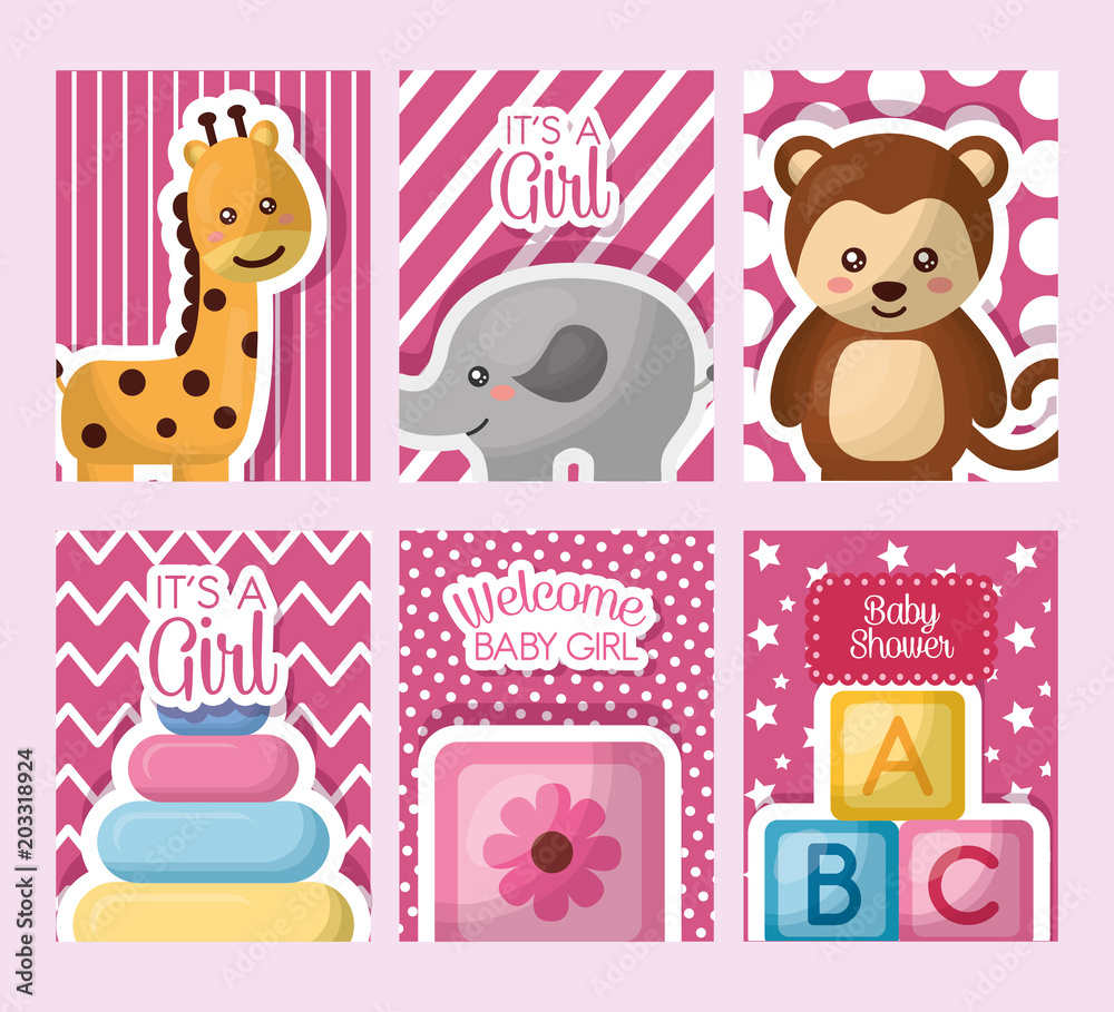Fototapeta premium baby shower card stickers toys giraffe elephant monkey cube flowers girl day vector illustration