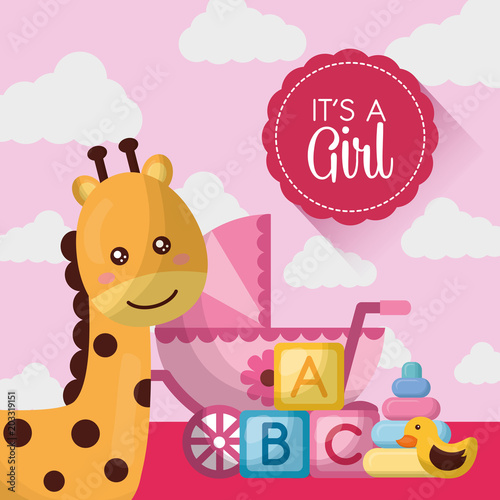 baby shower card happy giraffe cute pink babe carriege cubes toys vector illustration photo