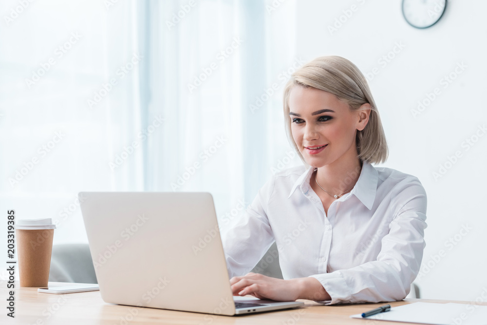 beautiful smiling young businesswoman using laptop at workplace beautiful smiling young businesswoman using laptop at workplace