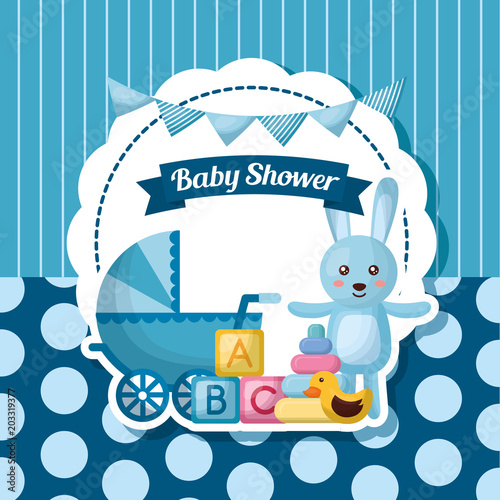 baby shower card blue rabbit babe carriege stripes background toys vector illustration