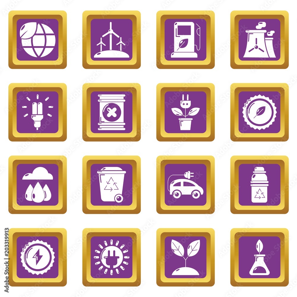 Ecology icons set vector purple square isolated on white background Ecology icons set vector purple square isolated on white background