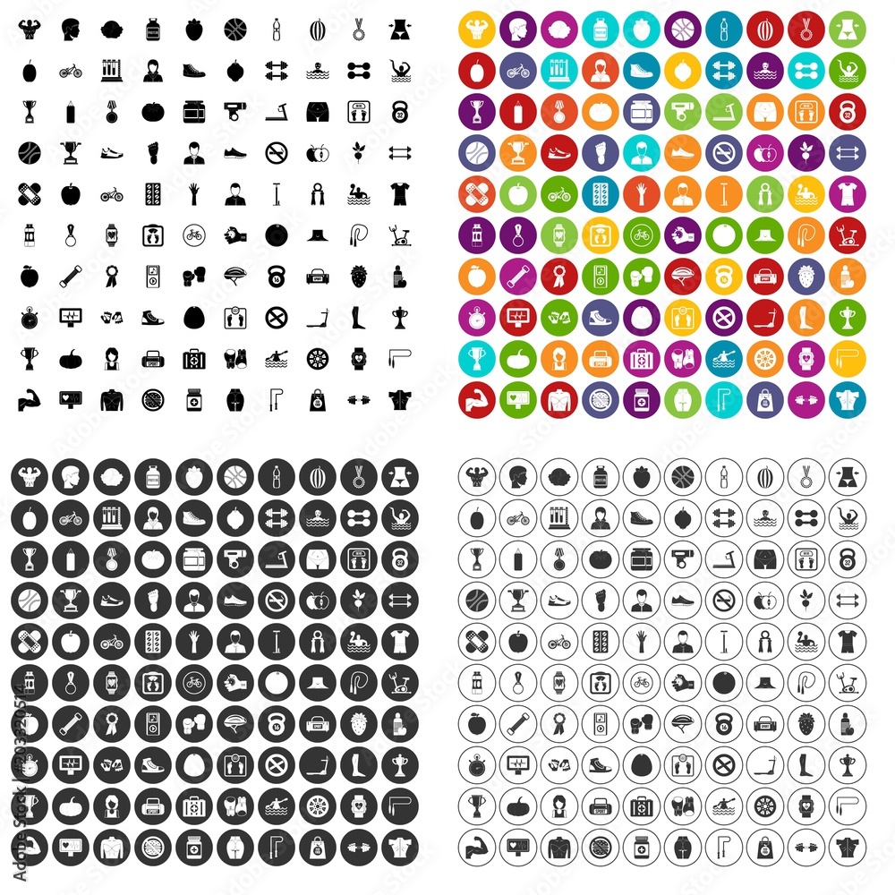 100 bodybuilder icons set vector in 4 variant for any web design isolated on white