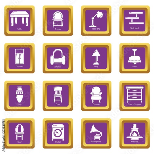 Interior furniture icons set vector purple square isolated on white background 