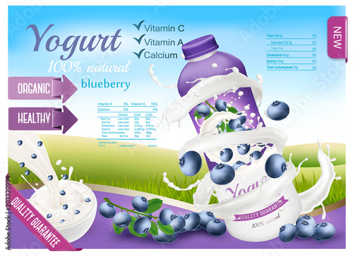 Fruit yogurt with berries advert concept. White yogurt with fresh blueberry in plastic bottle. Design template. Vector.