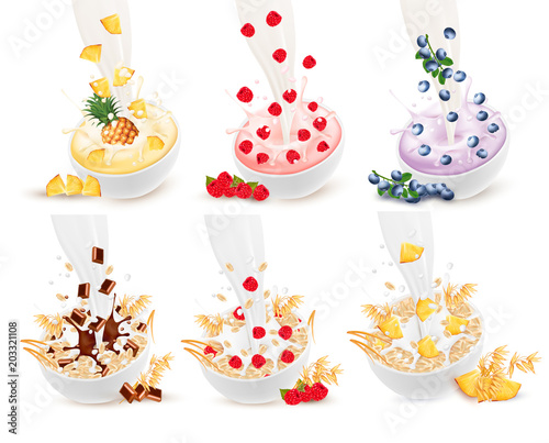 Set of milk flowing into a bowl with grain and fruit and berries and chocolate. Vector