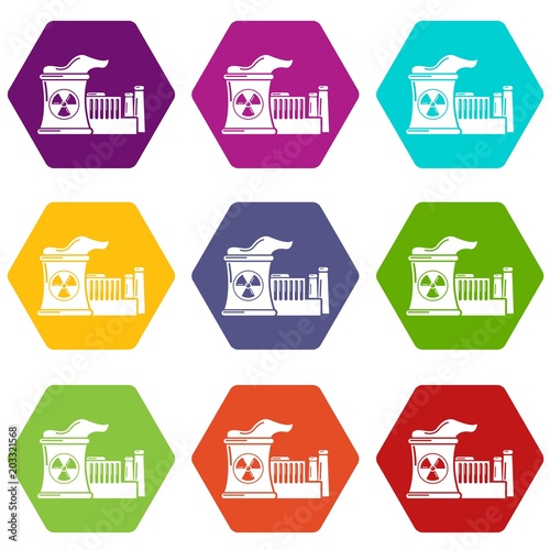 Atomic reactor icons 9 set coloful isolated on white for web