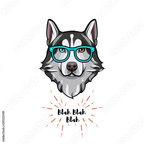 Siberian Husky geek. Smart glasses. Dog nerd. Husky portrait. Vector.