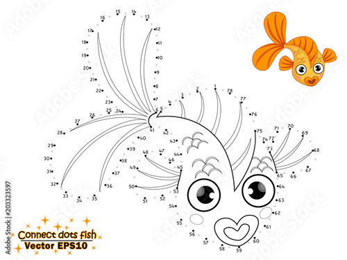 Connect the dots draw the cute cartoon fish and color. educational game for kids. Vector illustration