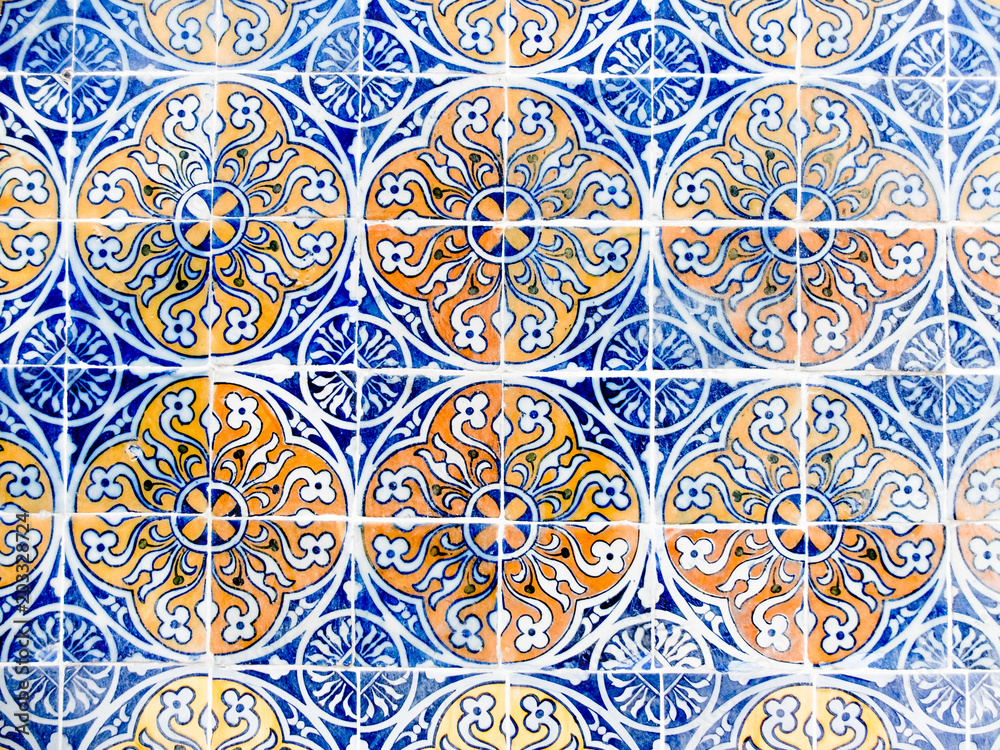 Blue and Orange Floral Vintage Floor Tile Lisbon Portugal