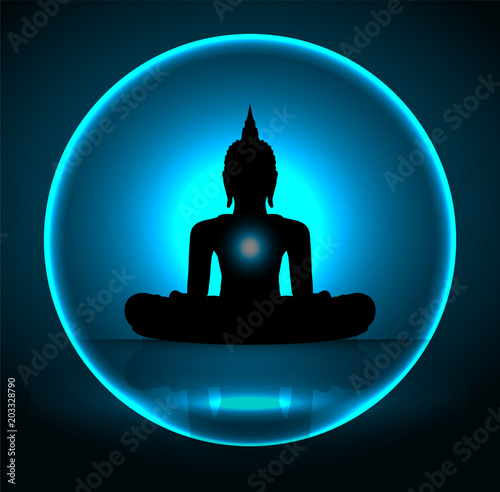Black Buddha silhouette against Dark blue background. yoga