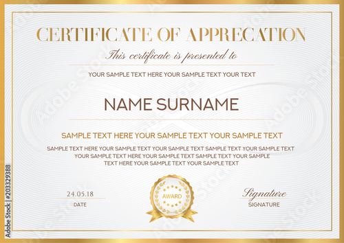 Certificate, Diploma of completion (abstract design template, background) with gold frame, white (light) pattern and silver Infinity symbol