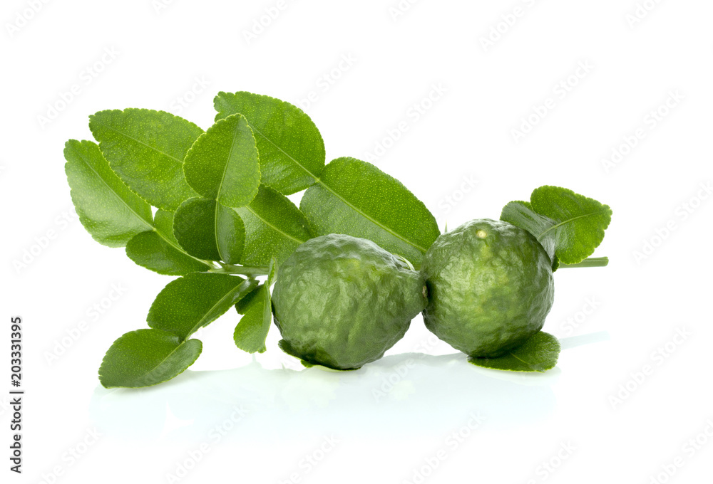Citrus hystrix and green leaf on white background. Citrus hystrix and green leaf on white background.