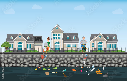 People dumping garbage into the river on modern house village background.