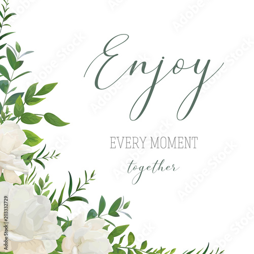 Vector watercolor style floral greeting, wedding invite, save the date card design. White garden peony rose flowers, greenery leaves, eucalyptus branches, forest herbs corner frame, border