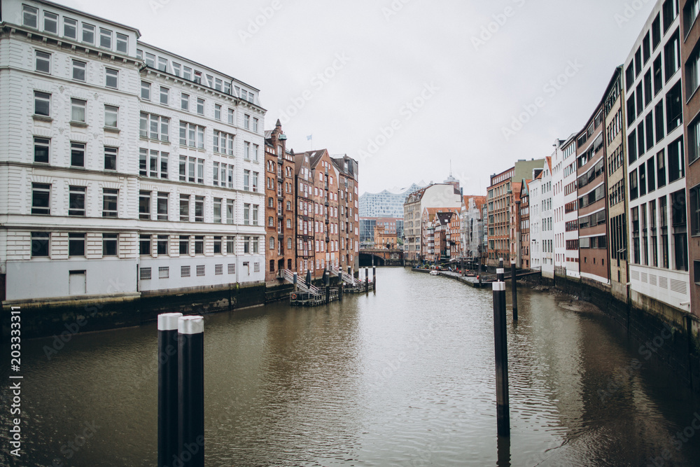 urban scene with city river and beautiful architecture, hamburg, germany