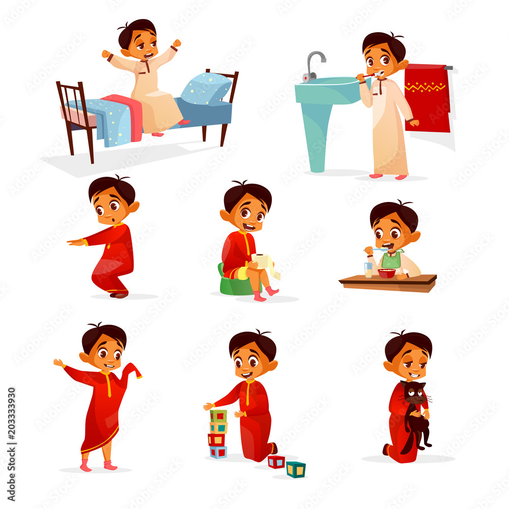 Muslim boy kid daily routine vector cartoon illustration. Flat design of  boy child in morning bed, washing and brushing teeth in bathroom,  exercises, lunch or playing toys and pet isolated characters Stock