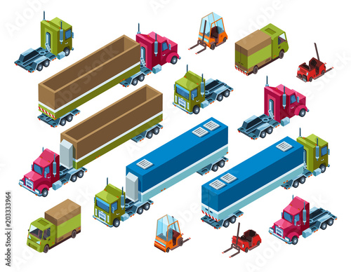 Cargo transport vector illustration of isometric logistics delivery trailer, warehouse forklift truck and freight transportation van. Isometric isolated set of long vehicles and pulling semi-trailer