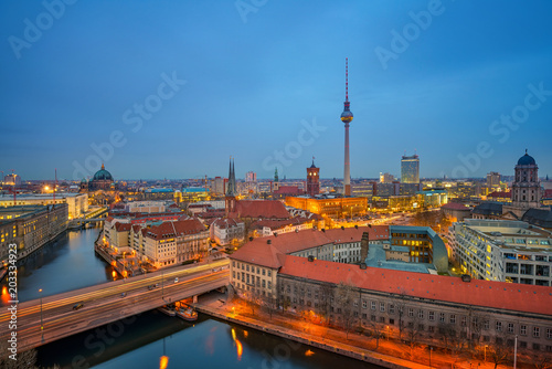 Aerial view of Berlin at night  Spree river  museum island  alexanderplatz and tv tower  Germany