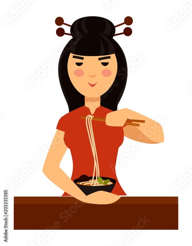 Typical Chinese woman eats traditional meal of noodles