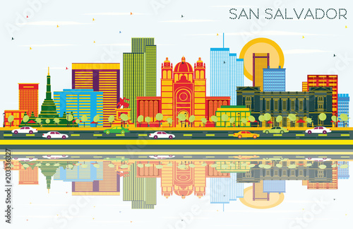 San Salvador City Skyline with Color Buildings, Blue Sky and Reflections.