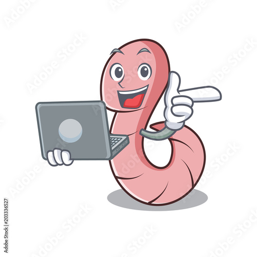 With laptop worm character cartoon style