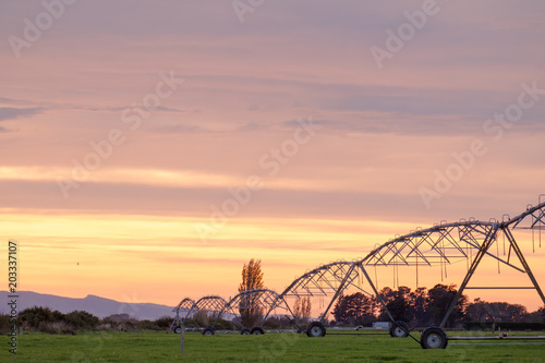 Agriculture modern irrigation. watering spray machine set on the green grassland field with blue sky and warm light scene. © Klanarong Chitmung