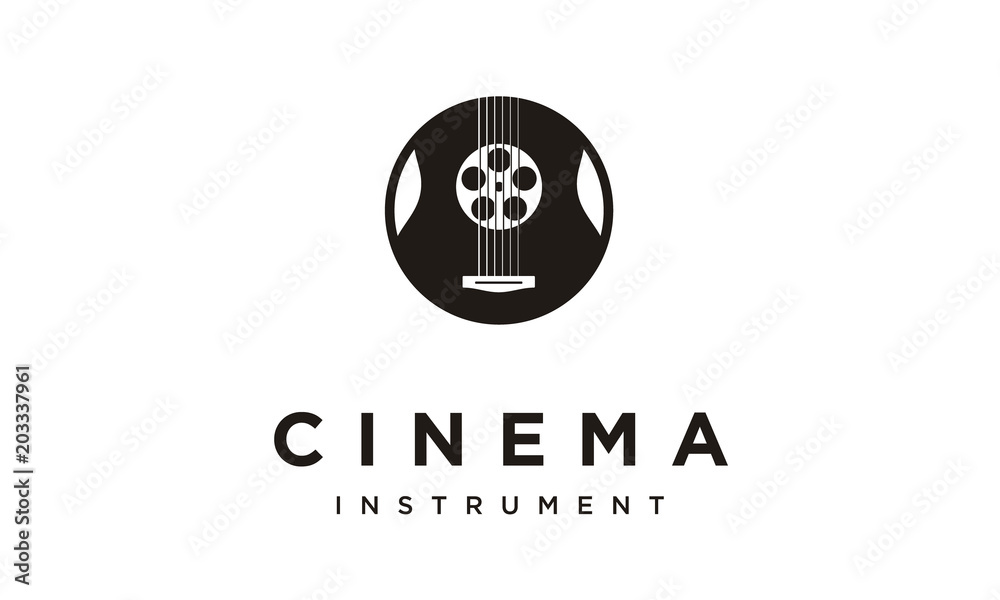 Film Reel and Guitar Strings Instrument for Movie Music Soundtrack logo design Film Reel and Guitar Strings Instrument for Movie Music Soundtrack logo design