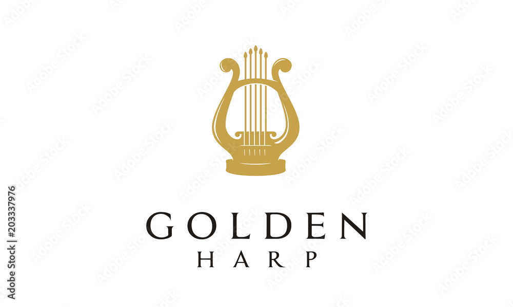 Obraz premium Elegant Golden Greek Harp, Lyre Classic Luxury Gold music instrument Logo design 