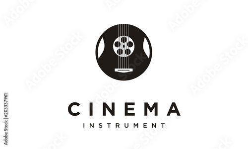 Film Reel and Guitar Strings Instrument for Movie Music Soundtrack logo design 