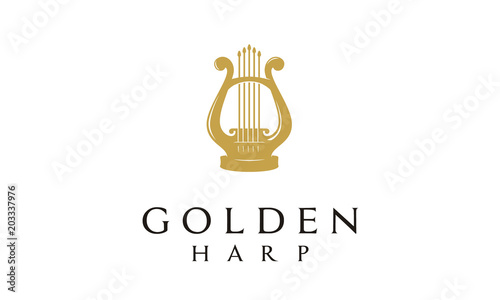 Elegant Golden Greek Harp, Lyre Classic Luxury Gold music instrument Logo design 