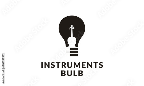 Piano Violin Fiddle Cello with Electric Light Bulb Creative Music Instruments logo design 