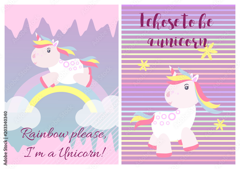 Cute unicorn cards magic baby vector