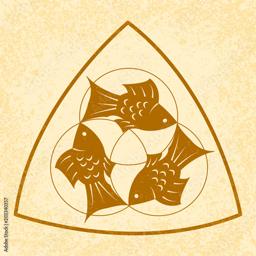 Trinity Sunday. Christian holiday. Three fish, located symmetrically. On a Beige grunge background