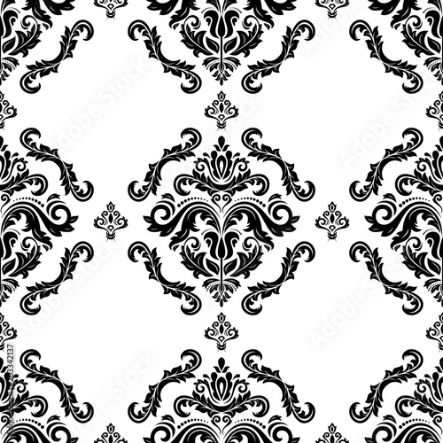 Classic seamless vector pattern. Damask orient ornament. Classic vintage black and white background. Orient ornament for fabric  wallpaper and packaging