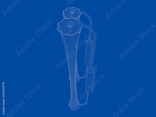 3d rendering of a blueprint lamp light holder isolate on a blue background